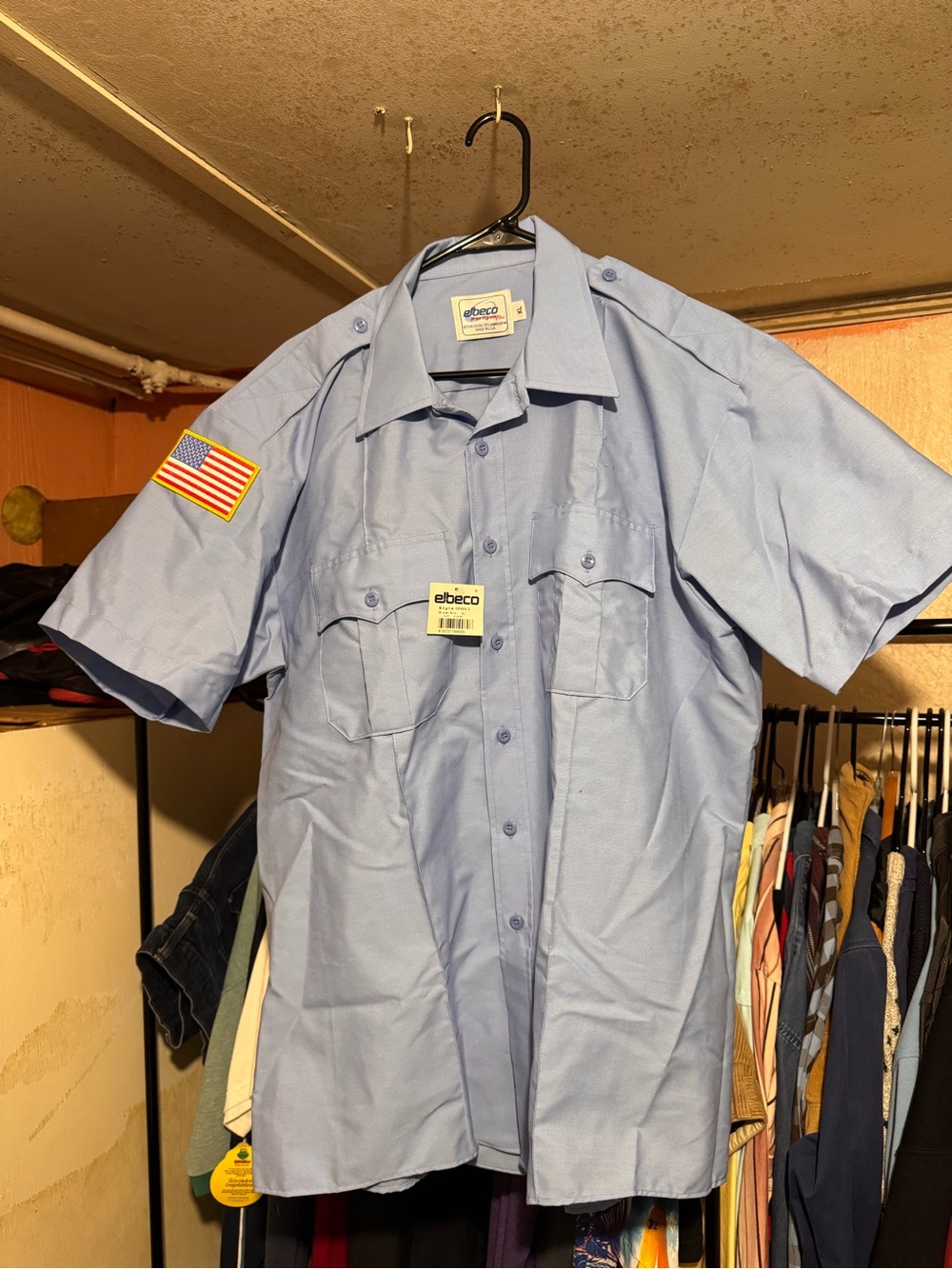 NWT Elbeco Paragon Plus Uniform Shirt XL Light Blue USA Flag Patch Short Sleeve